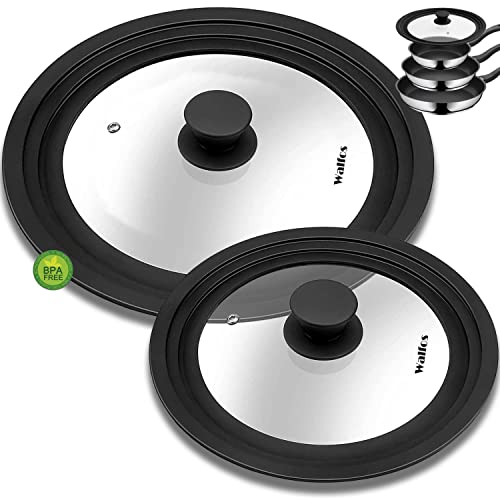 Walfos Universal Lid, Tempered Pan Lid with Heat Resistant Silicone Rim, Fits All 7" to 12" Diameter Cookware, Pots, Pans and Skillets (2Pk)