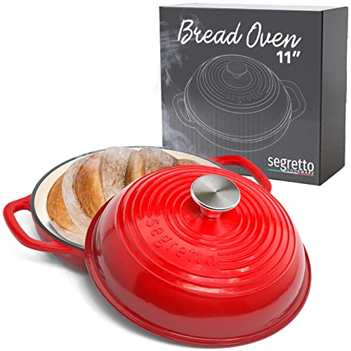 Enameled Cast Iron Bread Pan with Lid, 11 Red Bread Oven Cast Iron Sourdough Baking Pan, Dutch Oven for Bread, No Seasoning Needed -Segretto Cookware