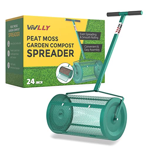 Peat Moss Spreader - 24" Peat Moss Roller for Green Grass, Garden & Lawn Care - Walk and Push Basket Sifter for Yard - Lawn & Garden Spreaders for Top Dressing Compost, Dirt, Mulch, Fertilizer, Soil