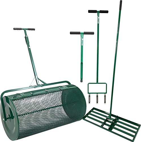 Landzie 4-Step Compost and Peat Moss Spreader Lawn Care System - Set Includes 36" Lawn and Garden Spreader with Soil Sample Probe, Hollow Tine Fork Aerator, and Landzie & Ryan Knorr Lawn Level Rake