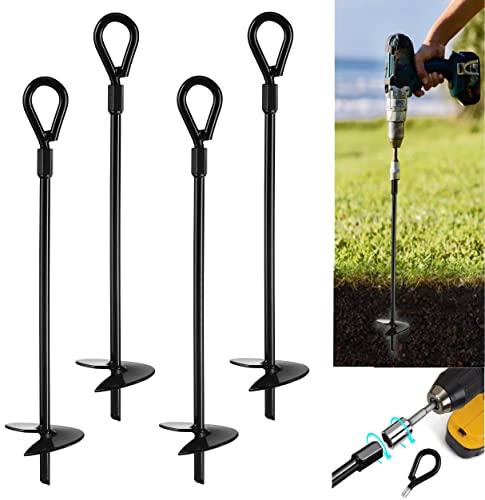 VASGOR 20 Ground Anchors (4pcs) Easy to Use with Drill, 3" Helix Diameter, Heavy Duty Anchor Hook for Camping Tent, Canopies, Car Ports, Sheds, Swing Sets, Securing Animals  Black Powder Coated