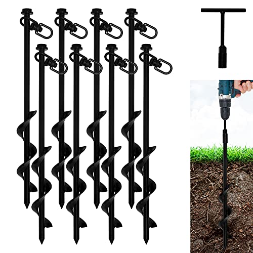 VASGOR 16 Ground Anchors (8pcs) Easy to Use with Drill, Heavy Duty Anchor Hook for Camping Tent, Canopies, Car Ports, Sheds, Swing Sets, Securing Animals  Black Powder Coated