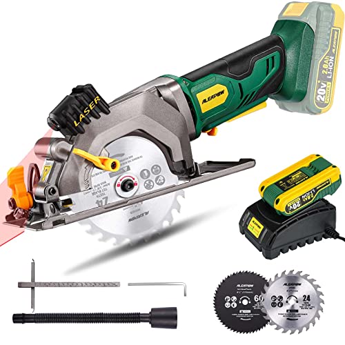 ALEAPOW K4 Cordless Circular Saw, 20V 4-1/2" Lightweight Mini Saw with 2.0Ah Battery, 1h Fast Charger, 2 Blades, Max Cutting Depth: 1-11/16(90), 1-1/8(45), Ideal for Wood, Plastic and Soft Metal