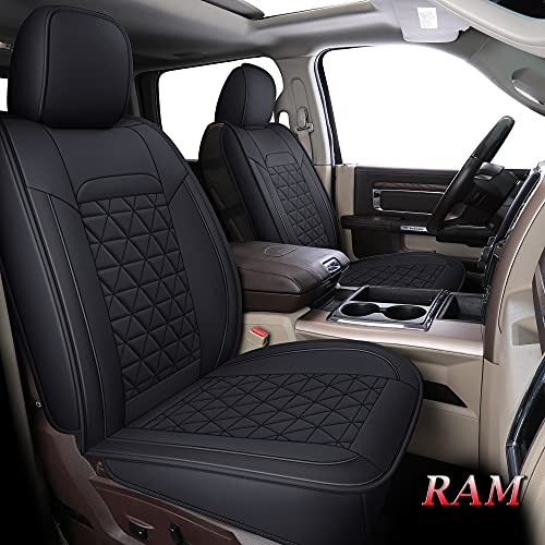 Coverado Car Seat Covers Full Set, Dodge RAM Seat Cover Waterproof Leather Protector Fit 2002-2023 1500 2010-2023 2500 3500 Truck Pickup Crew Quad Cab with Curved Back Bench, Black