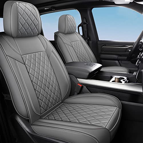 FREESOO Car Seat Covers Full Set for Dodge Ram 2009-2023 1500 2500 3500 Classic Crew Quad Cab Leather Seat Cover with Concave Bench Grey