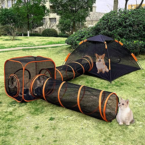 BNOSDM 4-in-1 Outdoor Cat Enclosures for Indoor Cats Portable Pop Up Mesh Tents Kitty Playpen Play Tunnels Outside Pet DIY in Multiple Ways Pets Playhouse for Large Cats Rabbits Ferrets Small Animals