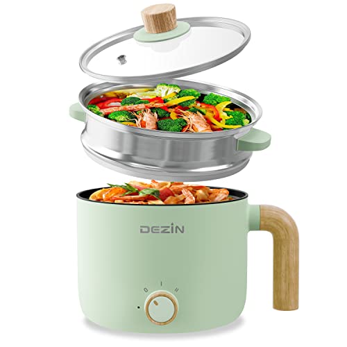 Dezin Electric Hot Pot with Steamer, 1.5L Non-stick Ramen Cooker, 2 in 1 Shabu Shabu Hot Pot, Multifunctional Cooker with Overheating Protection for Stew, Noodles, Green (Egg Rack Included) (Green/Nonstick)