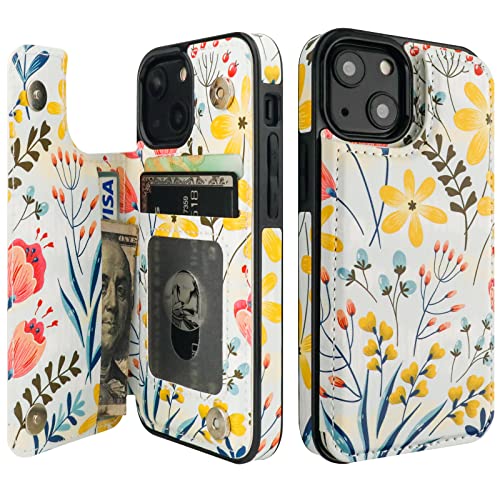 HAOPINSH for iPhone 13 Mini Case Wallet with Card Holder, Floral Flower Pattern Back Flip Folio PU Leather Kickstand Card Slots Case for Women Girls, Double Magnetic Clasp Shockproof Cover 5.4"