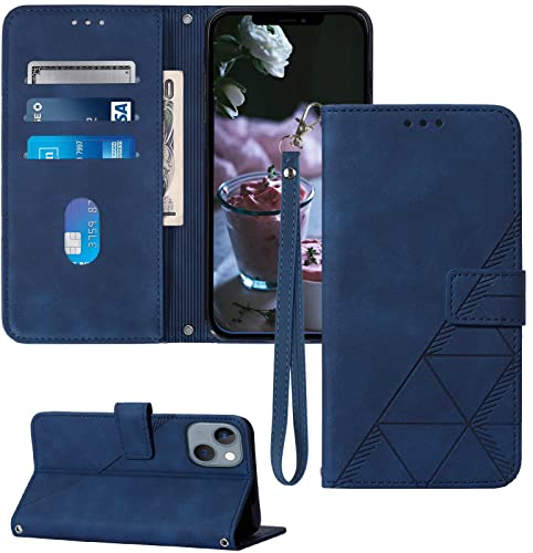 Compatible for iPhone 13 Mini Wallet Case,[Kickstand][Wrist Strap][Card Holder Slots] TPU Interior Protective 13 Mini Phone Case,PU Leather Folio Flip Cover for iPhone Mini 13 Case (Blue)