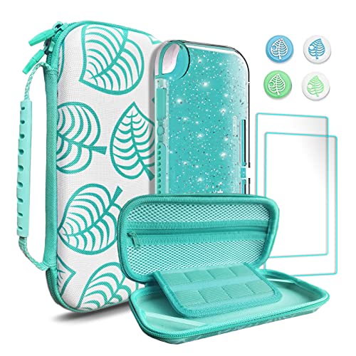 TIKOdirect Carrying Case for Nintendo Switch lite, Shockproof Portable Travel Bag with Glitter Galaxy case, Screen Protectors and Cute Leaf Thumb Grips Caps, Animal Crossing