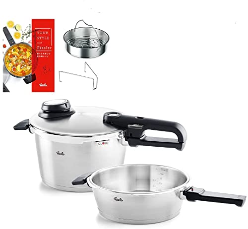 Fissler 622-412-11-070-A Vitbit Premium Pressure Cooker Set with Skillet 1.0 gal (4.5 L) + 0.8 gal (2.5 L), Gas Fire/Induction Compatible, 3 Levels of Pressure Settings, Made in Germany, Silver