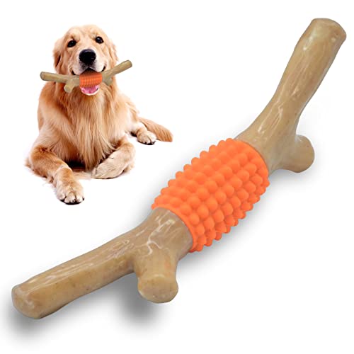 SCHITEC Dog Chew Toy for Aggressive Chewers, Tough Big Nylon & Rubber Teething Stick with Real Maple Wood Flavor for Large Medium Breed