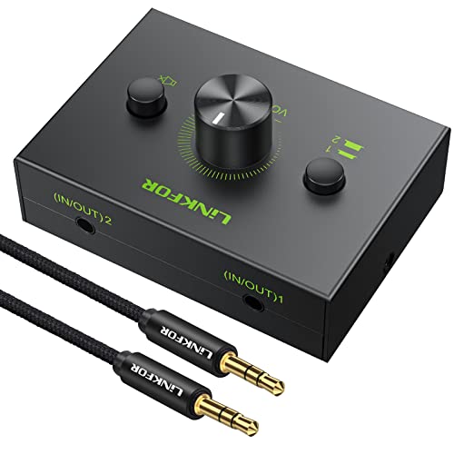 Audio Switch, LiNKFOR 2 Ports 3.5mm Stereo Audio Selector Box with 3.5mm Audio Cable Support 1 in 2 Out / 2 in 1 Out, Mute Button Compatible with PC, CD Player, Laptop, Headphone, Plug & Play