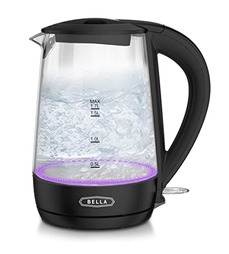 BELLA 1.7 Liter Glass Electric Kettle, Quickly Boil 7 Cups of Water in 6-7 Minutes, Soft Purple LED Lights Illuminate While Boiling, Cordless Portable Water Heater, Carefree Auto Shut-Off, Black