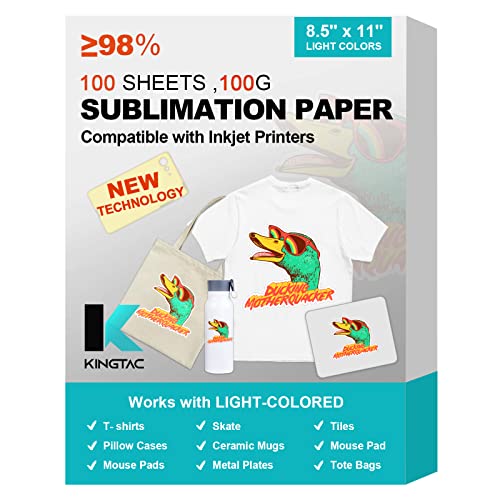 KingTac Sublimation Paper 8.5 x 11 Inch - Heat Transfer Paper 100 Sheets new version for Any Inkjet Printer with Sublimation Ink for T-shirt Mugs etc DIY - 100g