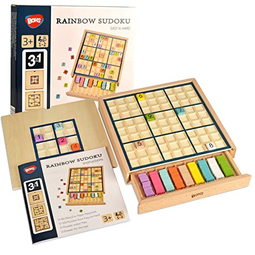 BOHS Wooden Rainbow Sudoku for Kids - 3 in 1 Easy to Hard - with Book of 320 Sudoku Puzzles - Desktop Brain Teaser Game Toys