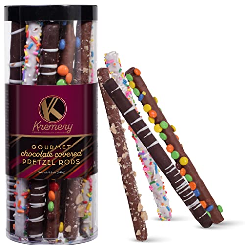 Dark Milk Chocolate Covered Pretzel Rods Gift Basket in Clear Tube (8 Count) Assorted Sweet Treats Candy Toppings, Gourmet Bakery Desert, Birthday Care Package Kosher Dairy Crave food USA Made,