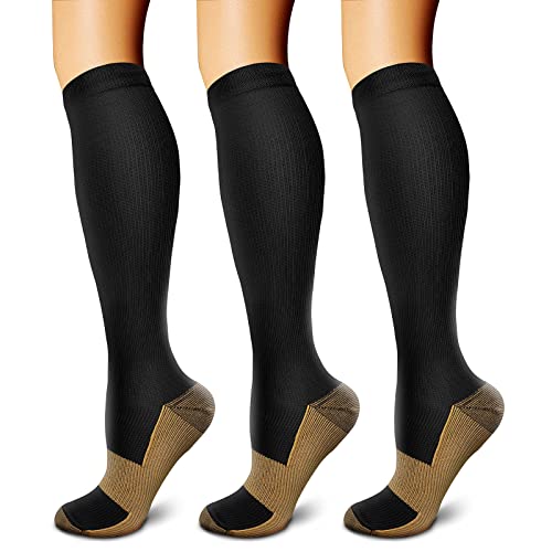 FEYHAY Copper Compression Socks (3 Pairs) 15-20 mmHg Circulation is Best Athletic & Daily for Men & Women, Running, Climbing (Small-Medium, 01 Black)