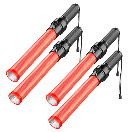 RoadHero 4 Pack Traffic Wand, 16Inch Led Traffic Control Baton, Night Safety Light Wands with 3 Flashing Modes, Air Marshaling Signal Wand Plus White LED on Tip for Airport, Parking, Car Directing