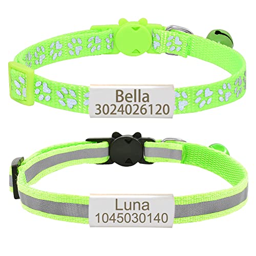 Personalized 2 Pack Reflective Cat Collar,Custom Breakaway Cat Collars with Name Tag and Bell,Anti-Lost Nameplate Cat Collar for Girls & Boys (YG Green,fit 8''-11.0'')
