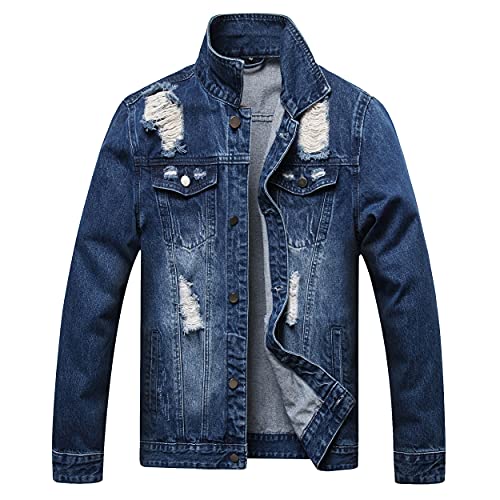 QIMYUM Jean Jacket For Men, Distressed Slim Denim Jacket (Medium, Dark Blue)
