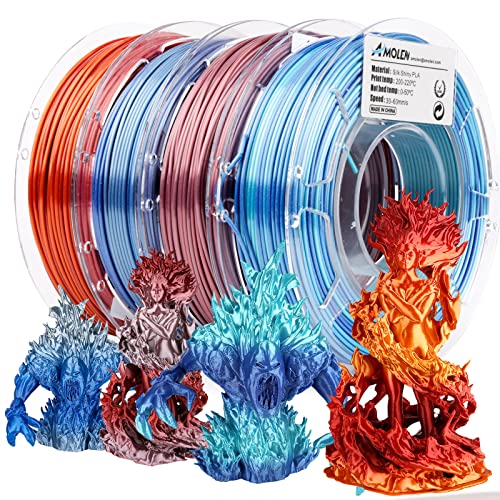 AMOLEN PLA 3D Printer Filament,PLA Filament 1.75mm,Silk Shiny Filament Bundle, Red Gold,Blue Silver, Red Silver,Blue Green, 3D Printing Filament Bundle, 200gX 4 Spools