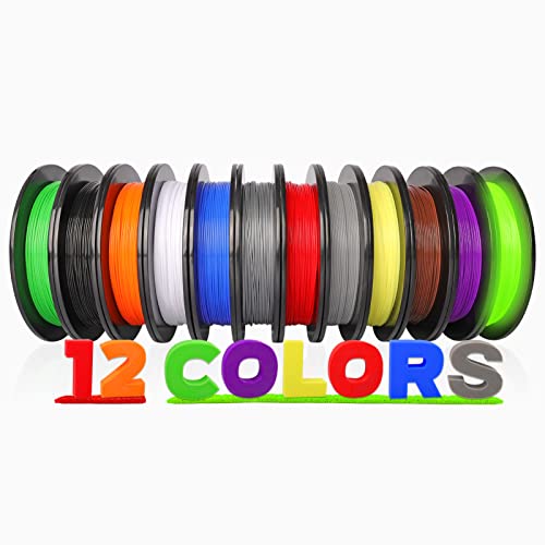 PLA 3D Printer Filament Packs 1.75mm, Dikale 12pcs Bundle Assorted Colors, 500g per Spool, Diameter Accurancy +/- 0.02 mm, Fit for for Ender 3 3D Printer etc