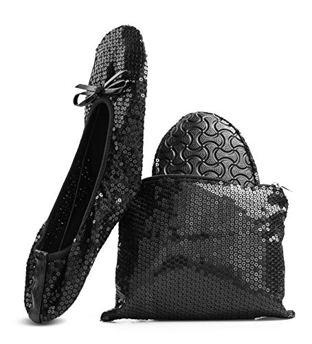 Women's Foldable Portable Travel Ballet Flat Roll Up Slipper Shoes (Medium, Black - Sequins)