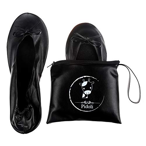 Ballet Flats Shoes -Women's Foldable Portable Travel Roll Up Shoes with Pouch (Black, Numeric_8)