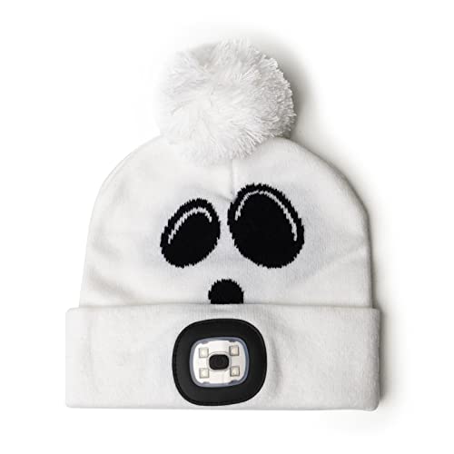Night Scope Halloween Children's Light-Up Pom Hat Beanie with Light for Kids LED Rechargeable Beanie Headlamp for Boys and Girls - Ghost
