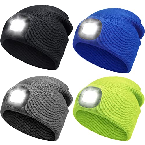 LED Beanies with Light for Kids, USB Rechargeable LED Knitted Caps Winter Warm Knitted Flashlight Hats for Hiking, Biking, Camping at Night, Outdoor Sports, Fishing (4 Pieces)