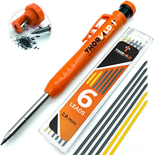 THORVALD Carpentry Pencil Set for Carpenter - Incl. 7 Leads + Sharpener - Solid Mechanical Pencils with Fine Point/Wood Marker/Best Marking tools for Construction/Carpenters/Drawing/Scriber