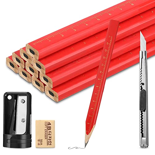 Clabby 10 Pcs Carpenter Pencil Construction Pencils 7 Inches Octagonal Red Carpenter Pencil with 1 Sharpener 1 Utility Knife 1 Eraser Pencil for Construction Worker Woodworking Project Kits