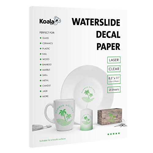 Koala Waterslide Decal Paper for Laser Printer - Clear Transparent - 25 Sheets Printable Water Slide Transfer Paper - 8.5x11 Inches