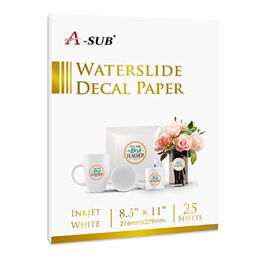 A-SUB Waterslide Decal Paper for Inkjet Printers 25 Sheets White Water Slide Transfer Paper 8.5x11 in for DIY Tumbler, Mug, Glass Decals