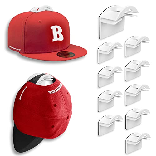 BRATEAYA Hat Hooks for Baseball Caps, Adhesive Hat Racks, Super Strong Ball Cap Holder, No Drilling Hat Organizer for Wall Display, White, 10 Pack