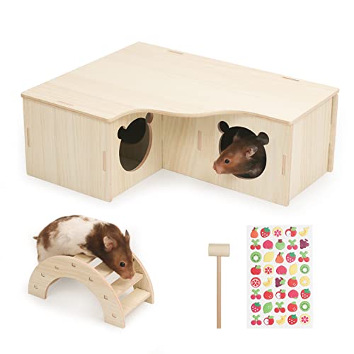 Hamster Maze, Multi Chamber Hideout Wooden Hamster Houses Activity Hamster Burrow Large Exercise Dwarf Hamster Playground with Bridge for Syrian Hamster Gerbil (Multi Chamber Room)