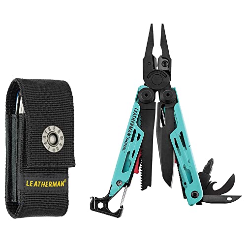 LEATHERMAN, Signal Camping Multitool with Fire Starter, Hammer and Emergency Whistle, Made in the USA, Aqua with Nylon Sheath