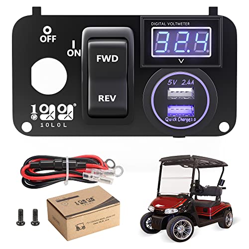 10L0L Golf Cart 3 in 1 Multifunctional Integrated Panel,12V 3.0 Fast Charge Dual USB Charger Socket & LED Digital Voltmeter & Forward Reverse Switch Button,Fit for EZGO TXT PDS Golf Models