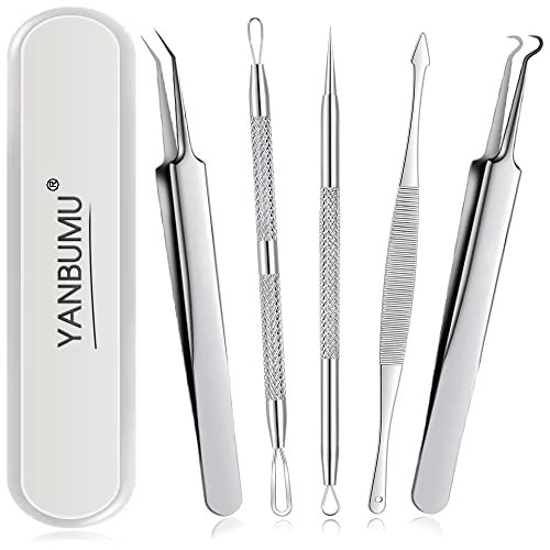 YANBUMU Blackhead Remover Tools, Pimple Popper Tool Kit, Stainless Steel Black Head Remover for face, Pimple Extractor Tweezers for Acne Comedone Zit Whitehead, Skin tag Remover 5pcs