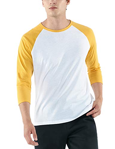 TSLA Men's 3/4 Sleeve Baseball Shirts, Casual Dynamic Cotton Raglan T Shirts, Athletic Sports Jersey Shirt Top, Dyna Cotton 3/4 Sleeves White & Yellow, Large
