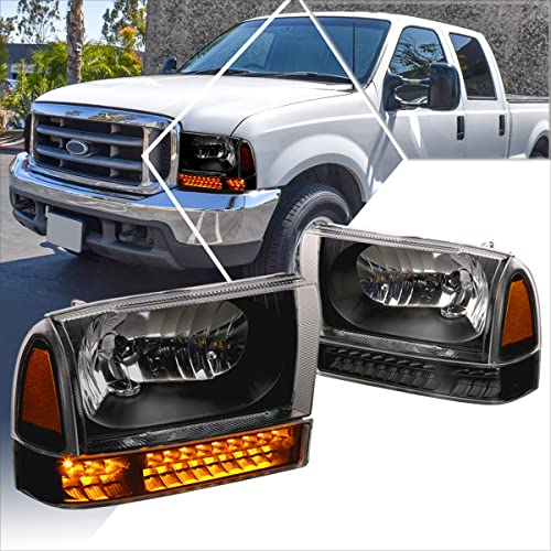 LED Signal Headlights Assembly Compatible with 99-04 Ford F250 F350,Black Housing/Amber Corner