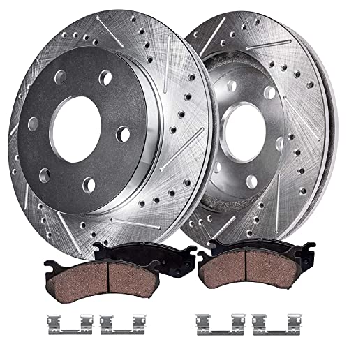 Detroit Axle - 12.99" (330mm) 6 Lug Front Drilled Slotted Rotors + Ceramic Brake Pads Replacement for Silverado Sierra Suburban 1500 Yukon Escalade - 4pc Set