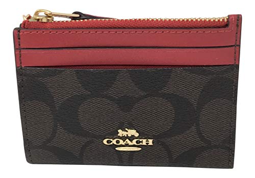 Coach Mini Skinny ID Key ring Coin Case Signature Wallet Brown True Red F88208