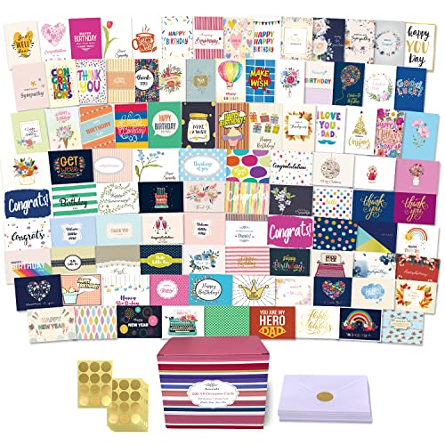 100 All Occasion Cards Greeting Cards Assortment Box With Envelopes,5 X 7 Inch Assorted Greeting Cards With Greeting Inside.Greeting Cards Assortment For Birthday,Thank You,Sympathy,Baby,Wedding And More.Premium Greeting Card Organizer Box With Sticker And Dividers Include.