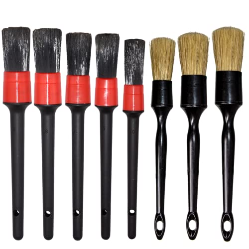 Detailing Brush Set - 8 Different Sizes Premium Natural Boar Hair Mixed Fiber Plastic Handle Automotive Detail Brushes for Cleaning Wheels, Engine, Interior, Air Vents, Car, Motorcy
