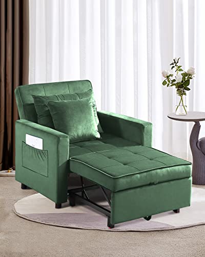 XSPRACER Convertible Chair Bed, Sleeper Chair Bed 3 in 1, Adjustable Recliner,Armchair, Sofa, Bed, Flannel, Dark Green, Single One