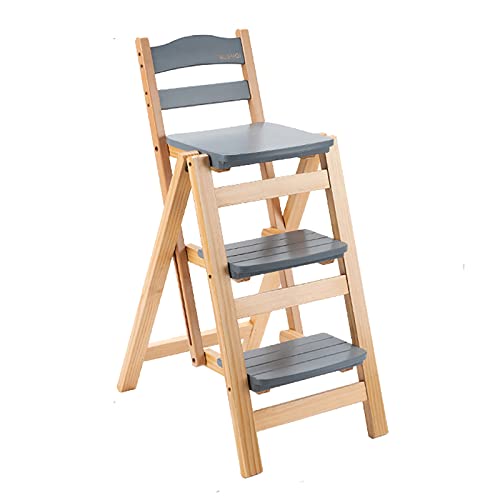 QQXX Folding Bar Stool Multifunctional 3 Step Ladder,Solid Wood Ladder Stool Counter Height Tall Stool,Portable Foldable Stool Step Stool for Adults Kitchen Outdoor(21.5 X 15.7 X 34.6, Gray)