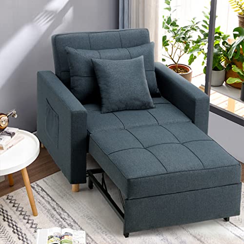 Esright 40 Inch Sleeper Chair Bed 3-in-1 Convertible Futon Chair Multi-Functional Sofa Bed Adjustable Reading Chair, Sofa, Bed, Sleeper Chair with Modern Linen Fabric, Navy