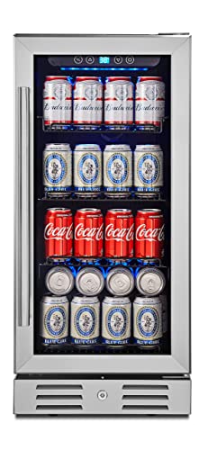 Kalamera 15 Beverage Cooler and Refrigerator Under Counter Built-in or Freestanding - 96 Cans Capacity Mini Fridge- for Soda, Water, Beer or Wine - For Kitchen or Bar with Blue Interior Light